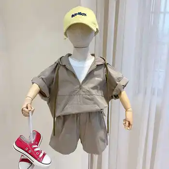 Baby Boy Uzvalks Bērnu Apģērbu Īsām piedurknēm Viltus divdaļīga pelēkā vārna + Šorti Vasaras Bērnu Apģērbu korejas 2 Gab. Komplekts 2-9Y