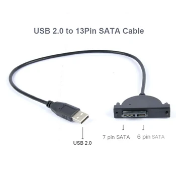 USB 2.0 Mini Sata II 7+6 13Pin Adapteris Pārveidotājs Kabelis Portatīvo datoru CD / DVD ROM Slimline Disks