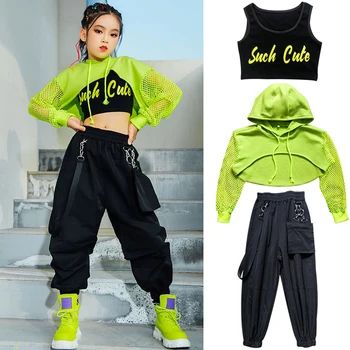 Jaunu Džeza Kostīms Hip Hop Meitenes Apģērbu Zaļā Topi Neto Piedurknēm Melnā Hip Hop Bikses Bērniem Veiktspēju Mūsdienu Deju Apģērbu