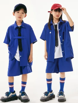 Vasarā Bērni Hip Hop Apģērbu Zilā krāsā ar Īsām Piedurknēm Krekls, Bikses, Ielu Deju Kostīms Zēniem Hiphop Darbības Apģērbs Meitenēm BL10006