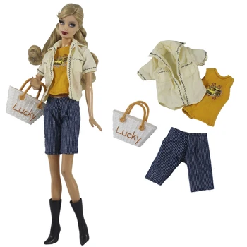 4 Items/Set Modes Krekls+ Yellow Top +Bikses +Soma Barbie Lelle Drēbes Ikdienas Valkāšanai Mūsdienu Stila Apģērbs, Aksesuāri