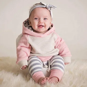 3pcs Baby Toddler Meitene Ikdienas Drēbes Uzstādīt Modes garām Piedurknēm Džemperis Top un Svītrainām Biksēm Galvu Baby Girl Sporta Tērps 0-2y