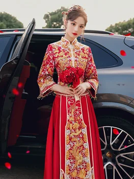 Ķīniešu Tradicionālā Kāzu Kleita Cheongsam Apģērbu Red Dragon Phoenix Izšuvumi Qipao Sievieti Zelta Brokāta Kleita