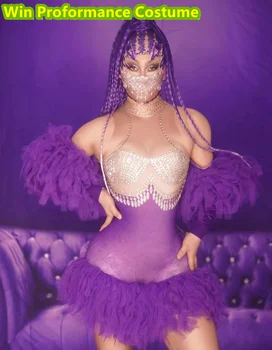 Sexy Violeta Rhinestone Spalvu Viedokļa Puses Balles Kleita Sievietēm Spārnu Piedurknes Vakara Sirēna Ilgi Dziedātāja Skatuves Apģērbs, Komplekts