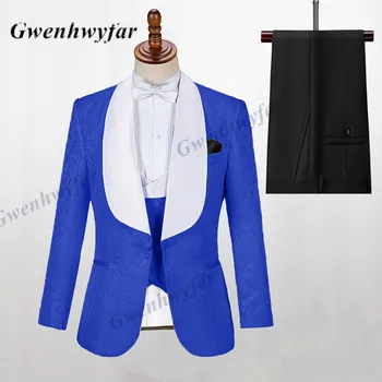 Gwenhwyfar Jaunākās Modes Royal Zils Kostīms Homme Vīriešu Uzvalki, Kāzu Uzvalki Vīriešiem Terno Masculino Slim Fit Tuxedos 3 Gabali