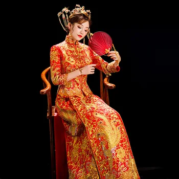 Vintage Ilgi Sievietes Banketa Kostīmu Cheongsam Izšuvumi Dragon Phoenix Ķīniešu Tradicionālās Līgavas Kleitu, Kāzu Mandarīnu Apkakle