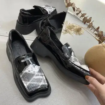 Dizaineru, Spīdīga čūska modelis maza ādas kurpes sieviešu ir 2021. sekla paslīdēt uz mokasīni kvadrātveida kājām bieza augstpapēžu kurpes oxfords sieviete dzīvokļi