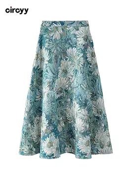 Ilgi Svārki Zilā Vintage Ziedu Augstas Starām. Slim Elegants Lielgabarīta Sieviešu Apģērbu Korejas 2023 Pavasara Jaunu Vidum Teļš-Line Svārki