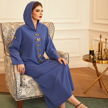 Musulmaņu Sievietes Gara Kleita Dimantu Turku Dubaija Kaftan Arābu Jilbab Bangladeša Maxi Drēbes Kleita Ramadāna Islāma Vestido Kapuci Kleita