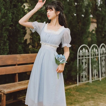 Zila Maigu Pasaku Kleita Sievietēm Franču Mežģīņu Laukumā Apkakles Elegants Modes Izlīdzināšanu Piedurknēm Sweet Puse Vestidos Vasaras 2023 Jaunas