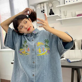 Kokospalma Sērfošanu Izšuvumi Bērna Blue Denim Sieviešu Krekls Ar Īsām Piedurknēm Ikdienas Krekli Vīriešu Korejas Sieviešu Krekli Luksusa Jaunas