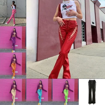2023 Modes Pavasara, Rudens Ādas Bikses Sievietēm, Krāsainas Bikses Streetwear Dāmas Tendence Dobi Pārsējs Izdilis PU Taisnas Bikses