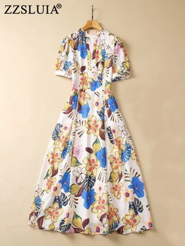 ZZSLUIA Elegants Kleitas Sievietēm Ziedu Drukāto Dizaineru Slim Midi Kleitu Modes Puff Piedurknēm Francija Kleitas, Sieviešu Apģērbi