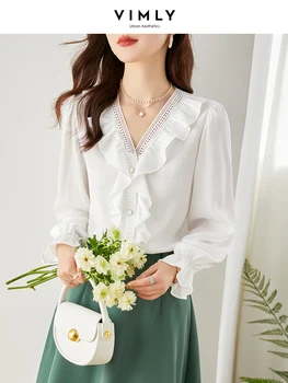 Vimly Mežģīnes V-veida kakla Šifona Balts Krekls Sievietēm Līdz 2023. gada Pavasarī franču Stila Elegants Mežģīņu Garās Piedurknes Pogu uz Leju Krekli Blūzes
