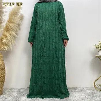 Tuvajos Austrumos, Dubaija Arābu Garām Piedurknēm Ar Apaļu Kakla Modes Hui Mežģīņu Kleita Musulmaņu Lielu Kaftan Marokas Drēbes Vetement Femme Musulmane