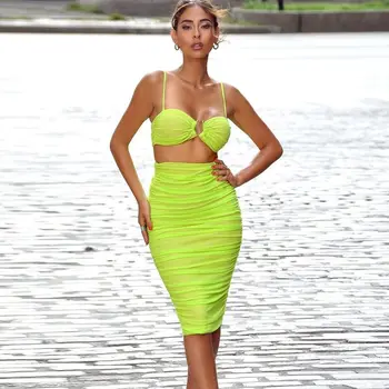 Folods Spilgti Zaļā Divas Gabals Šifona Acs Sieviešu Apģērbu Mini Korsešu & Midi Bodycon Svārki Sexy Puse Kleitas Bezmaksas Piegāde