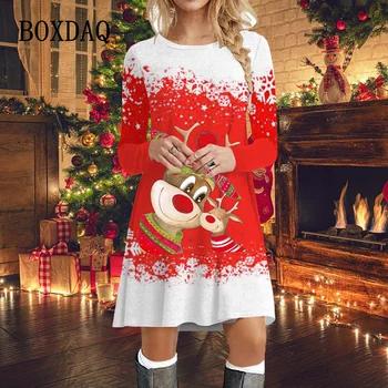 Cute Ziemassvētku Elk Drukāt Kleitas Rudens Modes Garām Piedurknēm Zaudēt-Line Kleita Gadījuma Sievietes Puses Kleita 2023 Ziemas Apģērbu