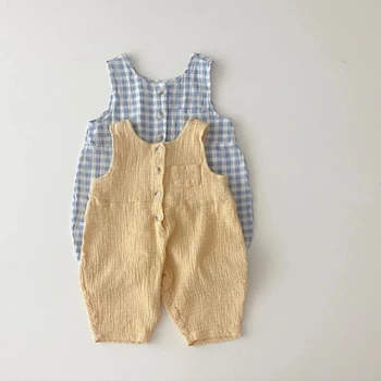 Baby Zēni Pleds Modes Kokvilnas Dzija Romper Toddler Meitenes Vasaras Plānas Piedurknēm Cietā Jumpsuit Zīdaiņu Drēbes Onesie