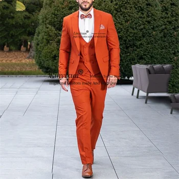 Modes Orange Vīriešu Uzvalki, Kāzu 3 Gabalu Komplekti, Līgavainis Tuxedos Uzņēmējdarbības Vīriešu Balli Bleizeri Slim Fit Groomsmen Kostīmu Homme