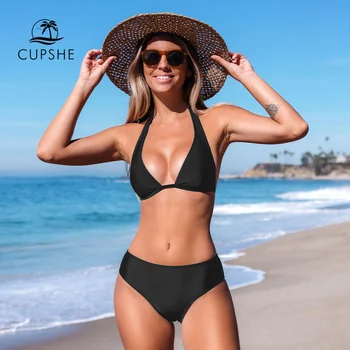 CUPSHE Pavada Garš Tri Vidū Vidukļa Bikini Komplekts Peldkostīms Sievietēm Black Sexy Mežģīņu Augšu, Divas Gabals Beachwear 2023 peldkostīms, Peldbikses