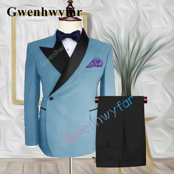 Gwenhwyfar Vīriešu Uzvalku Komplekts Slim Fit Līgavainis Kāzu Kleitu, Uzvalku Modes Dizainu Puses Posmā Gaiši Zila Žakete +Bikses 2 Gabali