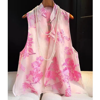 Augstas Kvalitātes Vasaras Modes Cherry Blossom Rozā Top Jaunas Ķīniešu Stilā Vienotā Krūtīm Zīda Organza Izšuvumi Dāma Veste S-XL