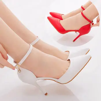 2023 Jaunu modes augstpapēžu duncis norādīja sandales vienu vārdu sprādzes liela izmēra sandales kāzu, banketu baltā līgavas kurpes