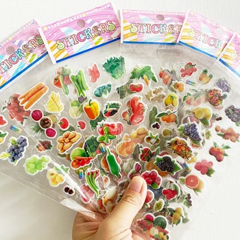 6Sheets Karikatūra Dārzeņu un Augļu 3D Gudrs PVC Burbulis Uzlīmes Bērniem Bērnudārzā Scrapbooking Apdare Pārtikas Uzlīmes, Rotaļlietas