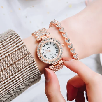 Luksusa dāmas rokas pulksteņi jauna modes dāmas dimanta kvarca pulksteņi elegants sieviešu rokassprādze pulksteņu 2gab Reloj Mujer