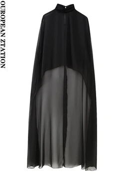 PAILETE Sieviešu 2023 modes asimetriska marli daļēji milzīgais cape vintage mētelis ar augstu apkakli, pogu atpakaļ, sieviešu virsdrēbes šiks apģērbs