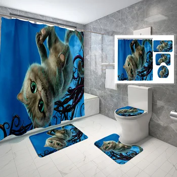4 Gab. Karikatūra Kaķis Dušas Aizkaru Komplektus Mākslas Burvju Cute Dzīvnieki Neslīdošu Vannas Paklājiņš Tualetes Vāka Ūdensizturīgs Dušas Aizkaru Komplekts