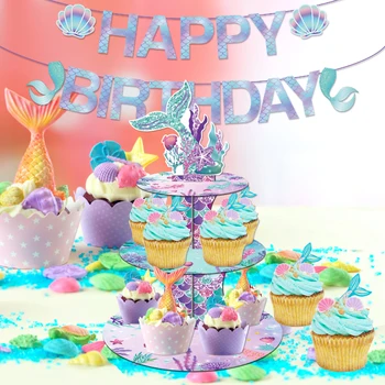 Karikatūra Sirēna Sea Shell Zvaigznes Dzimšanas Dienas Svinības Cupcake Displejs Stāvēt Maza Kūka Parādīt Backdrops Bērnu Duša Puse Rotājumi