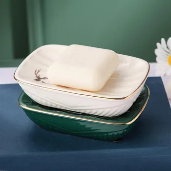 Ziemeļvalstu keramikas divslāņu drenāžas ziepju kastē home hotel vannas istabas piederumi glabāšanas dekoratīvie piederumi zaļa balta ziepju trauks